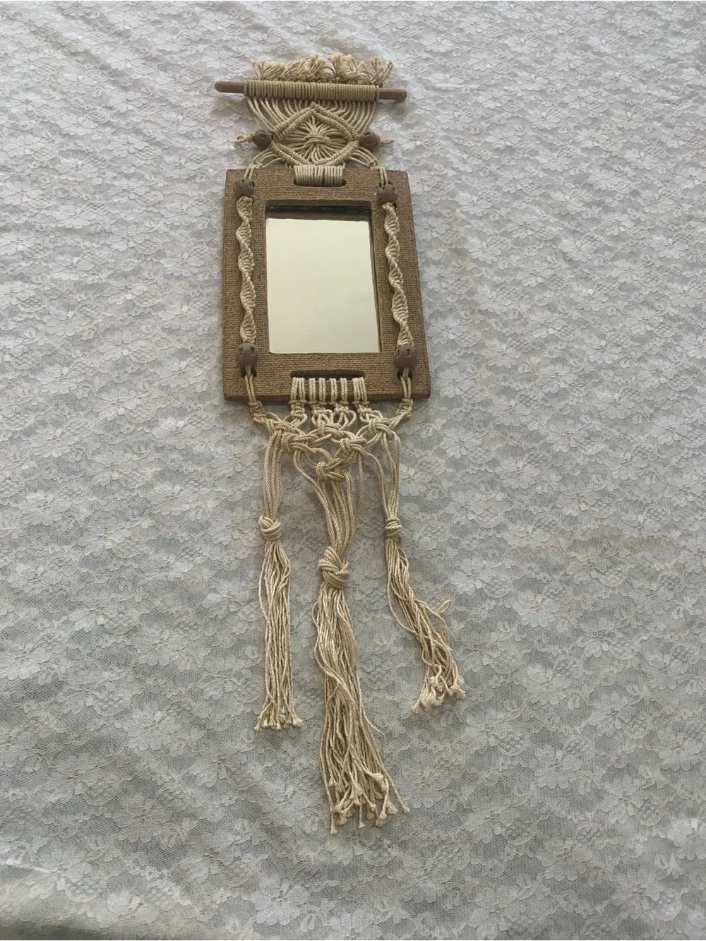 Vintage Boho Macrame Mirror Wall Hanging Textured Craft Frame & Tassels Decor